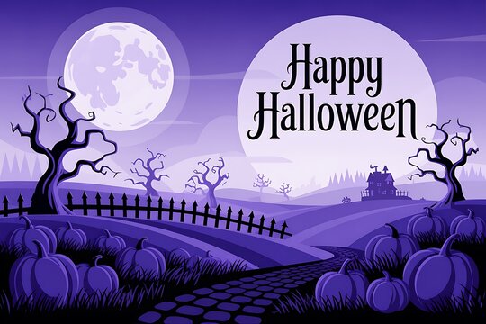 Spooky halloween night scene with a full moon over a graveyard and pumpkins