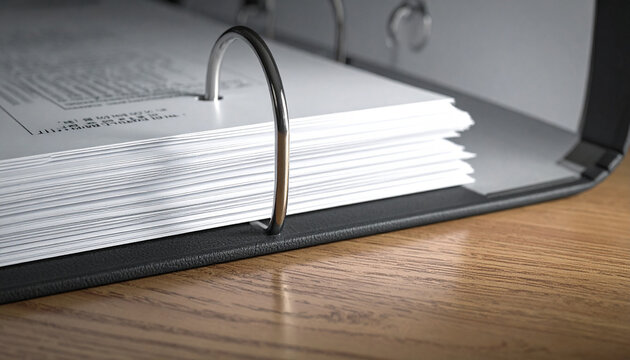 Document Binder Close-up: A binder filled with numerous documents is open on a wooden desk, showing the detail of paper and metal rings.