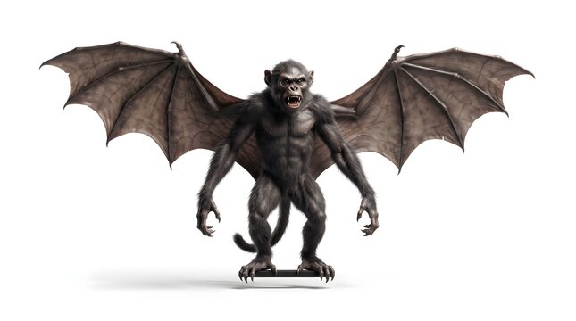 A fearsome winged demon monkey creature isolated on white background.