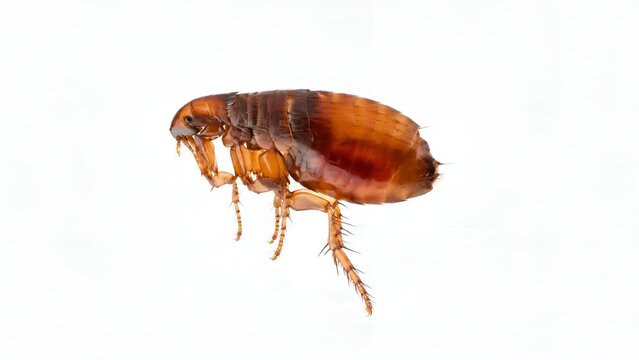 Macro photograph of a common cat flea isolated on a white background.