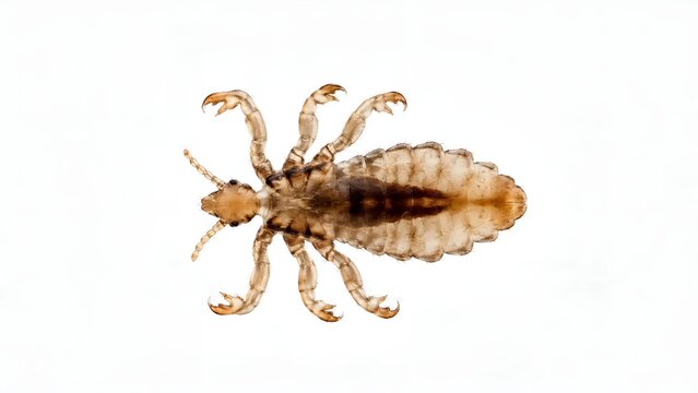 Macro photograph of a human head louse isolated on a white background.