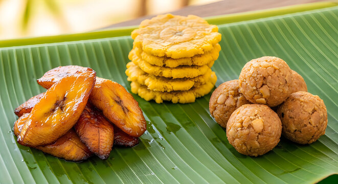 Traditional Latin American Fried Plantain Dishes Served on Banana Leaf