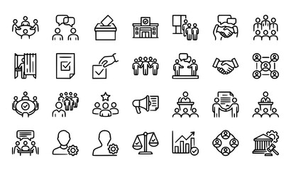 Fototapeta premium Democracy Election Voting Political Teamwork Outline Vector Icons