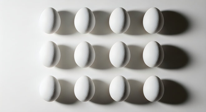 Twelve white eggs in a symmetrical grid pattern with long shadows