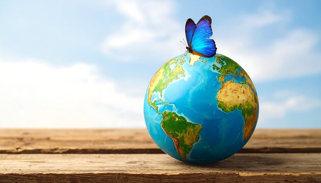 Blue butterfly perched on a globe representing Earth