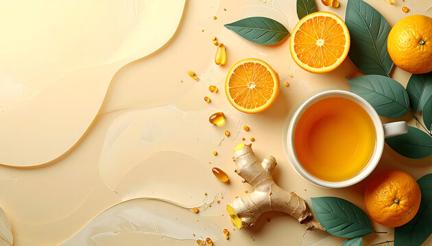 Citrus bowl ginger sprig golden tea mug and supplement dots on cream flat lay generative AI