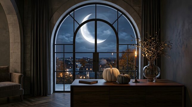 A hauntingly beautiful scene with a crescent moon visible through a large arched window evoking a spooky atmosphere