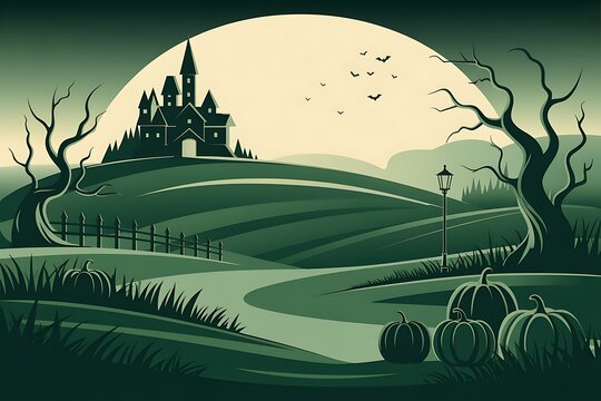 Spooky castle silhouette against a large full moon in a dark landscape
