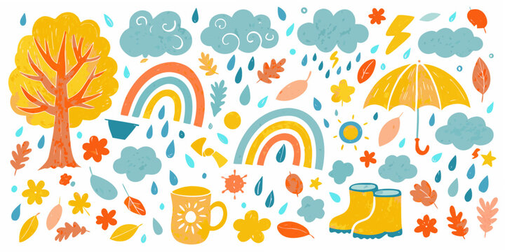 Autumn weather and foliage elements in a hand drawn silhouette