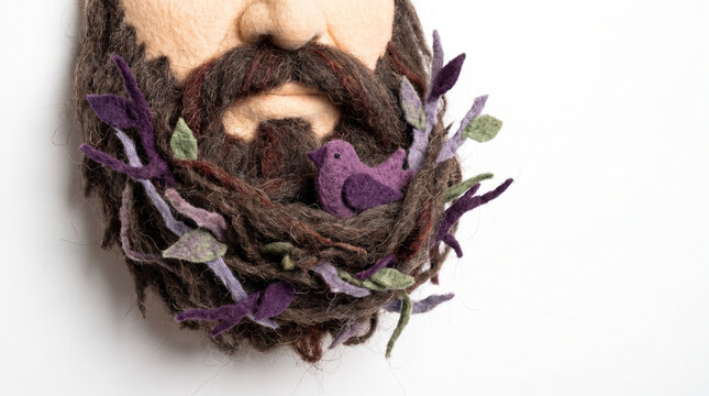 Felted beard with leaves and purple bird decoration  