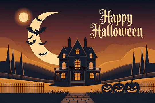 Spooky haunted house with a crescent moon and bats on a halloween night