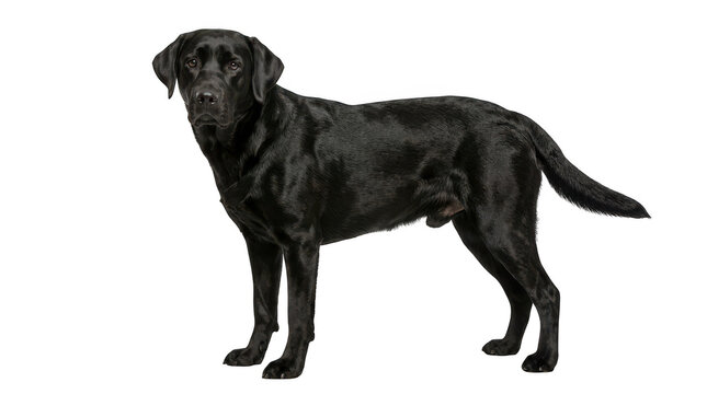 Full body portrait of a black labrador retriever dog standing, isolated on transparent background
