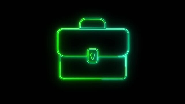 Animated neon green briefcase icon on black background, representing business and work.