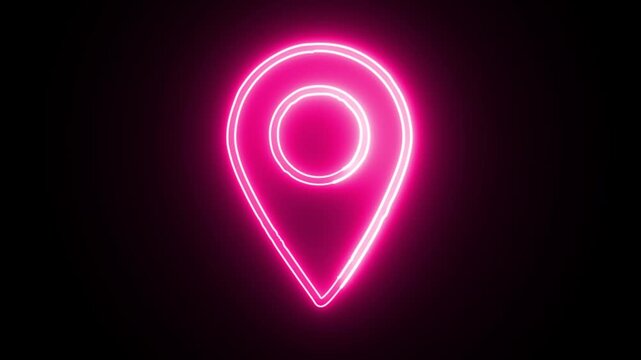 Animated neon pink location pin icon on black background for navigation.