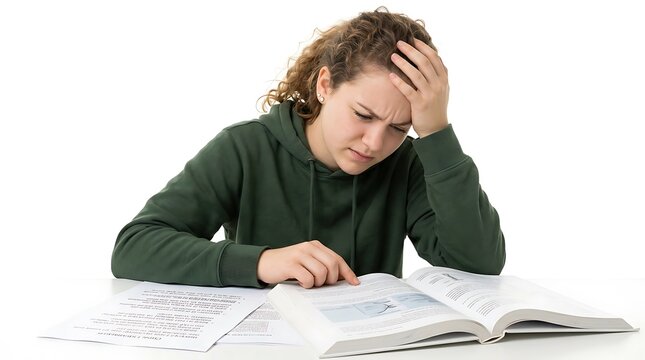 Teenage girl looking stressed while studying a difficult book with her hand on her forehead