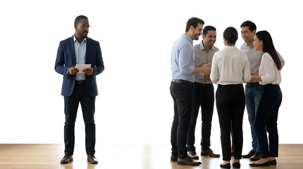 Obraz premium Diverse business team collaborates while one colleague observes with a tablet