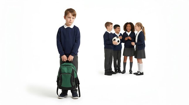 Sad boy with backpack stands alone while other children play together