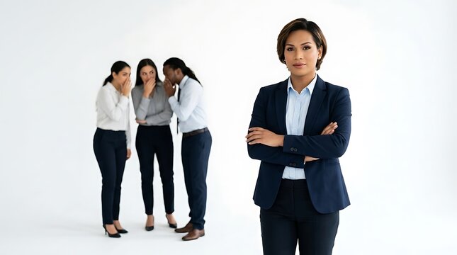 Confident businesswoman stands apart from colleagues gossiping behind her back