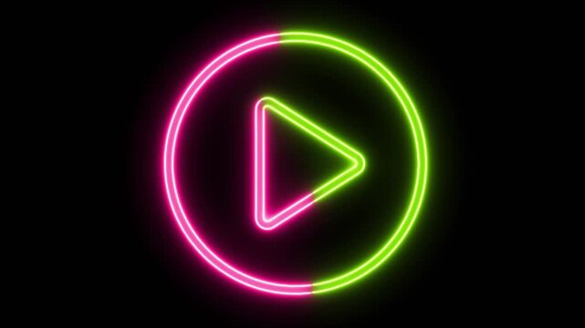 Animated neon play button icon with pink and green glow on black background.
