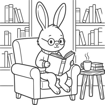 Adorable Bunny Reading Book In Cozy Armchair Coloring Page With Library Shelves Tea Cup And Relaxing Interior