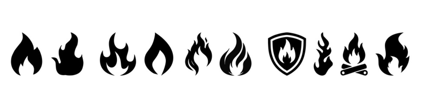 Set of fire and flame vector icons including campfire, fire protection shield, and hot blaze symbols.