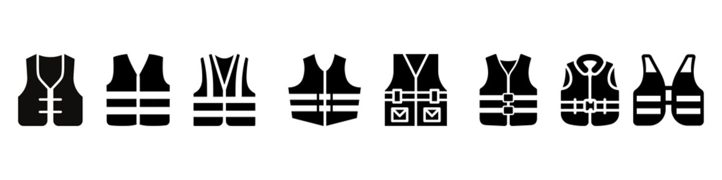 Set of safety vest and life jacket vector icons for construction, roadwork, and water safety gear.