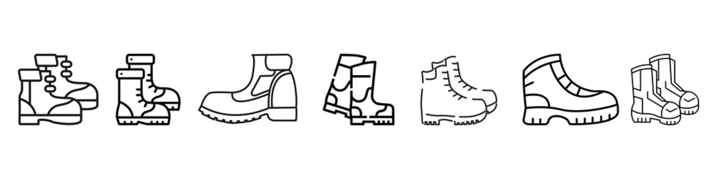 Set of boot and footwear line icons for hiking, outdoor adventure, work safety, and winter wear.
