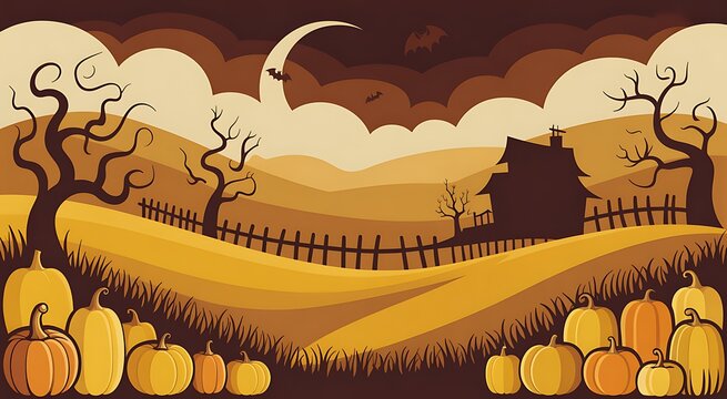 Autumn pumpkin patch landscape with spooky trees under a crescent moon
