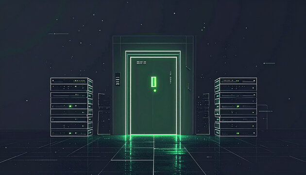 Thin outlines of stacked data packets waiting before narrow gate icon with green accent generative AI