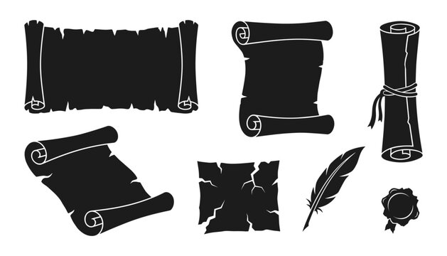 Ancient scroll paper vector silhouette set featuring vintage torn parchment manuscripts rolled documents feather quill pen and wax seal stamp isolated on white background