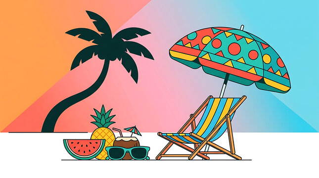 Tropical summer vacation vector illustration with beach chair, umbrella, and fresh fruits