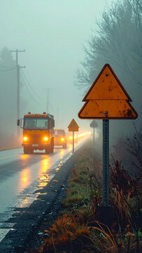 Blank diversion arrow board standing at roadside with blurred queue of headlights in fog generative AI