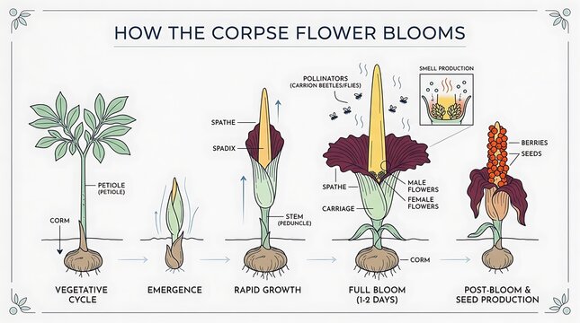 Lifecycle infographic of a blooming corpse flower titan arum