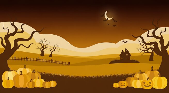 Autumn landscape with pumpkins and a crescent moon under a dark sky