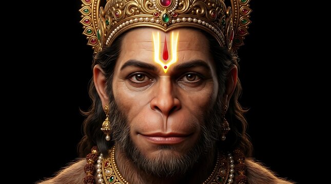 Portrait of lord hanuman with glowing tilak and ornate golden crown, hyperrealistic divine illustration