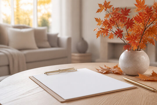 A white notebook and pen rest on a wooden table in a bright, cozy living room with autumn foliage nearby.