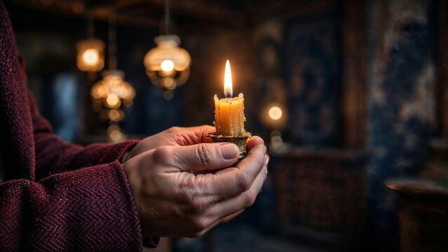 Hands Cradle Burning Candle in Dark Spiritual Interior