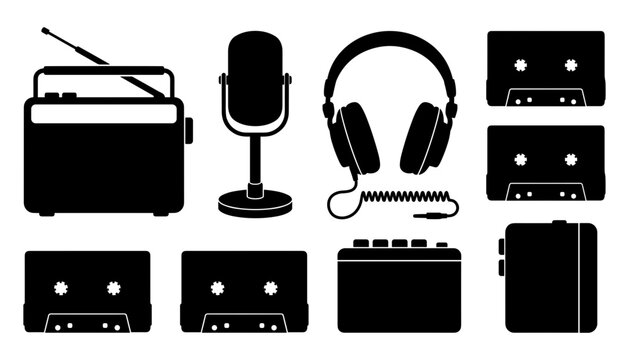  Retro audio technology vector silhouette set featuring vintage radio microphone headphones cassette tapes and walkman player isolated on white background