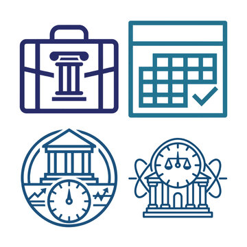 Multicolored vector set of outline icons. Briefcase with column, schedule calendar with checkmark, bank emblem with clock and chart, courthouse with scales. Business
