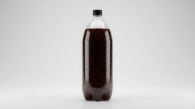 A high-quality 2 liter soda bottle filled with carbonated cola drink with water droplets on the clear plastic surface on a clean isolated white background