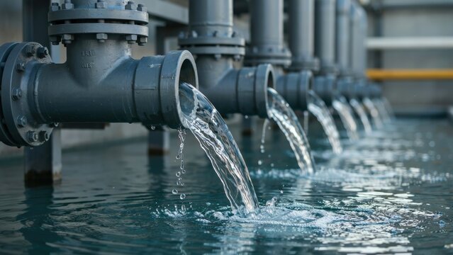 Fresh water flows from industrial steel pipes into a treatment pool. Concept for water supply management, environmental conservation, and clean technology.
