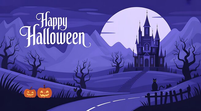Spooky halloween scene with a castle silhouette under a full moon at night