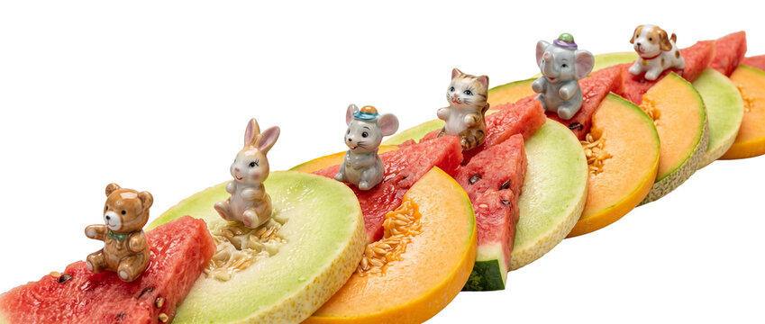 Cute ceramic animal figurines standing on fresh melon watermelon slices in a row on black background, whimsical miniature bear rabbit mouse cat elephant dog food arrangement concept for summer.