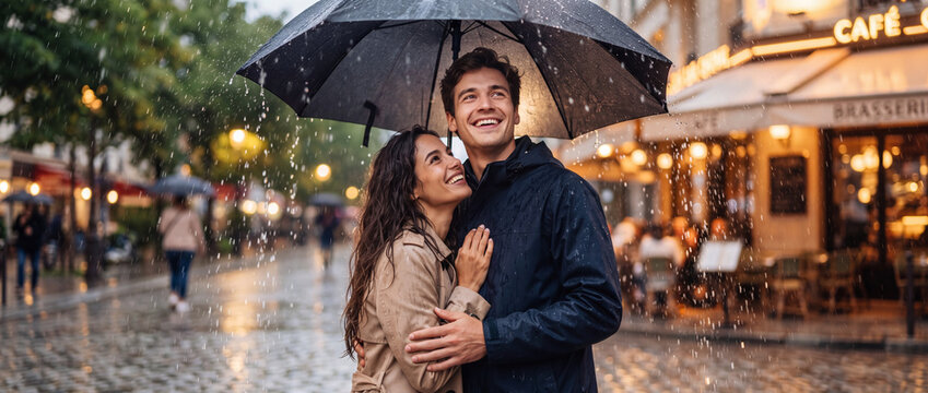Happy couple sharing umbrella in rain on a wet city street near an illuminated European cafe during a romantic evening walk, perfect for lifestyle and travel advertising