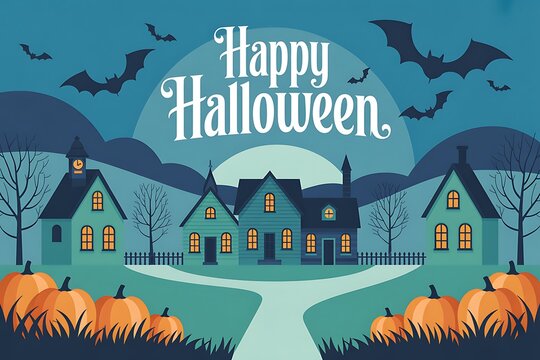 Spooky halloween illustration with haunted houses pumpkins bats and a full moon