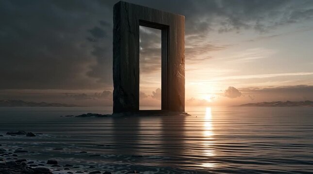 Monumental weathered stone doorway standing alone beside an endless ocean at sunrise, revealing an unfamiliar sky filled with strange constellations and floating mountains beyond the mysterious portal