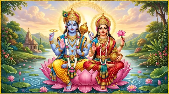 Lord vishnu and goddess lakshmi sitting on a lotus flower in a serene landscape