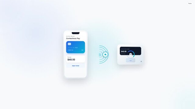 Contactless payment animation showing a smartphone digital wallet sending a tap-to-pay transaction to a payment terminal using wireless contactless technology. Suitable for mobile payments, digital wa