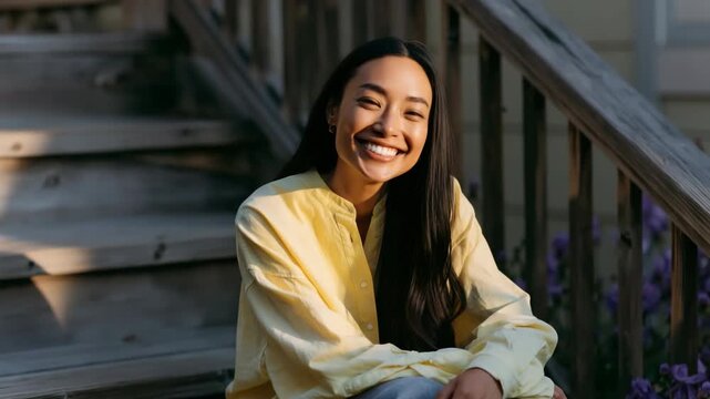 Seated lifestyle portrait of a woman on wooden staircase with purple flowers in warm evening light wearing a yellow shirt for banner and background