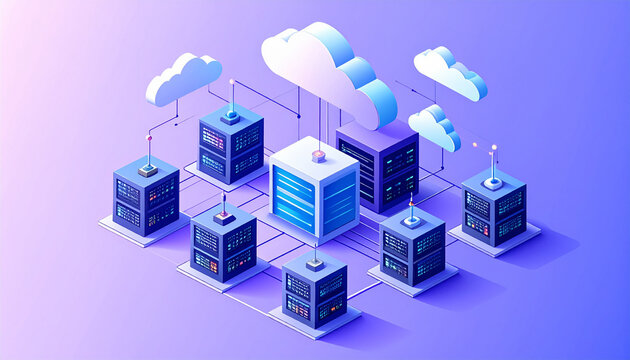 Server stacks moving from on premise building to cloud platform in migration illustration generative AI